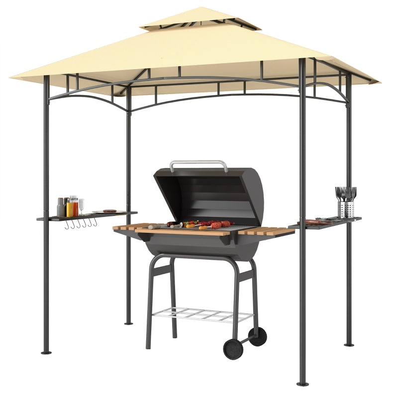 8' x 5' Beige Double Tiered BBQ Grill Gazebo Canopy with LED Lights, 2 Side Shelves & Hooks