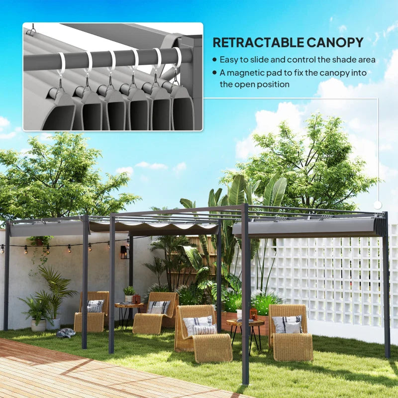 3m x 3m Retractable Roof Garden Pergola – Grey Sun Shade Canopy, Outdoor Patio Shelter