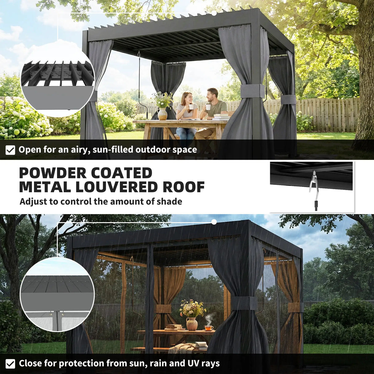3m x 3m Louvered Pergola with Adjustable Metal Roof – Aluminium Patio Gazebo with Curtains & Netting, Modern Outdoor Garden Shelter in Dark Grey