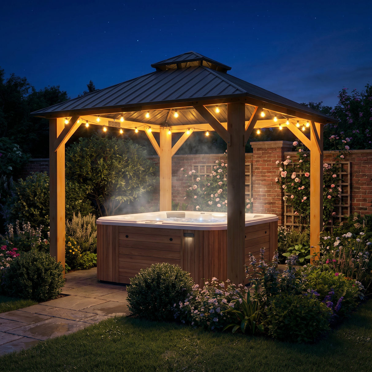 3m x 3m Wooden Frame Hardtop Gazebo with 2-Tier Galvanised Steel Roof, Aluminium Posts & Grey Outdoor Patio Canopy Shelter