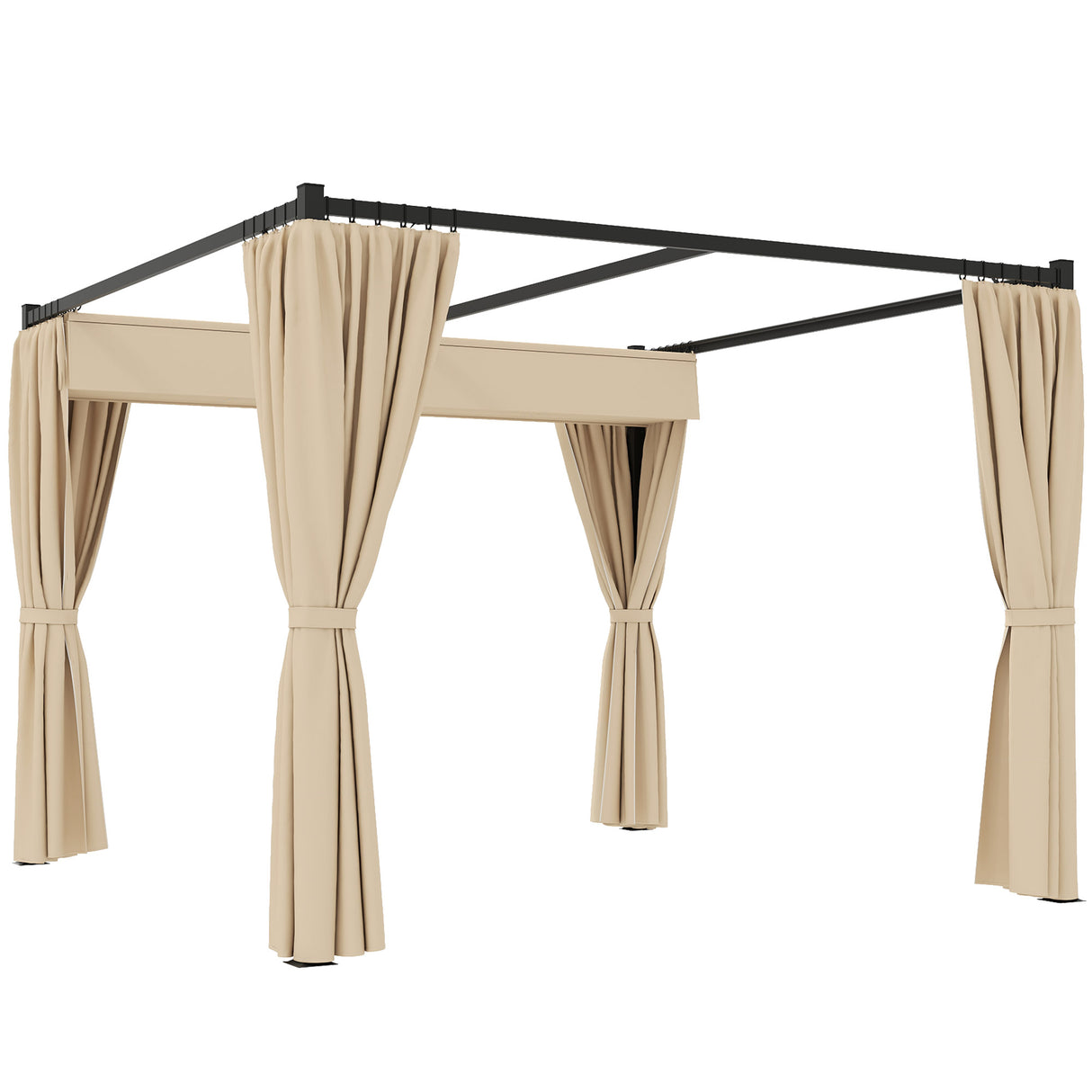 3m x 3m Retractable Metal Pergola Gazebo with Curtains – Outdoor Patio & Deck Shelter, Adjustable Canopy Shade for BBQ & Grill Area, Beige