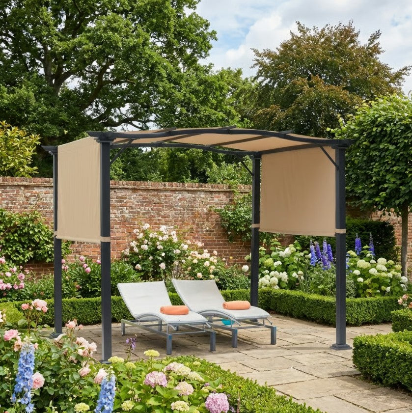 2.96m x 2.45m Steel Pergola – Khaki Retractable Double Side Canopy Roof, Adjustable Sun Shade Shelter with UV Resistant Fabric for Patio & Back Garden