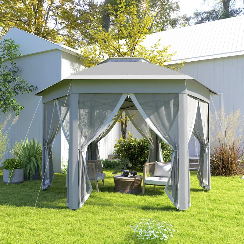 3x4m Dark Grey Hexagon Garden Gazebo - Pop Up Party Tent Canopy with Double Roof, Netting & Carry Bag for Outdoor Patio