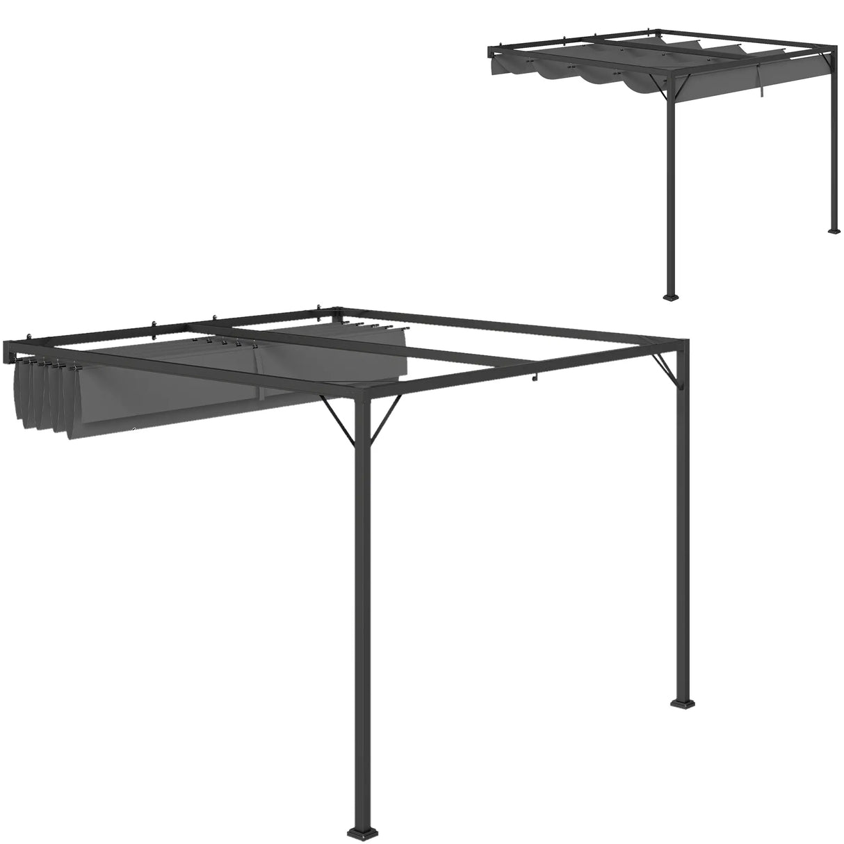 3m x 3m Lean-To Pergola – Grey Retractable Canopy Roof, Wall Mounted Outdoor Patio Shade Shelter