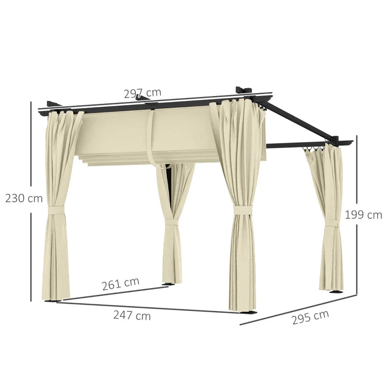 3m x 3m Retractable Roof Pergola – Beige Canopy with Curtains, Outdoor Patio Shade Shelter