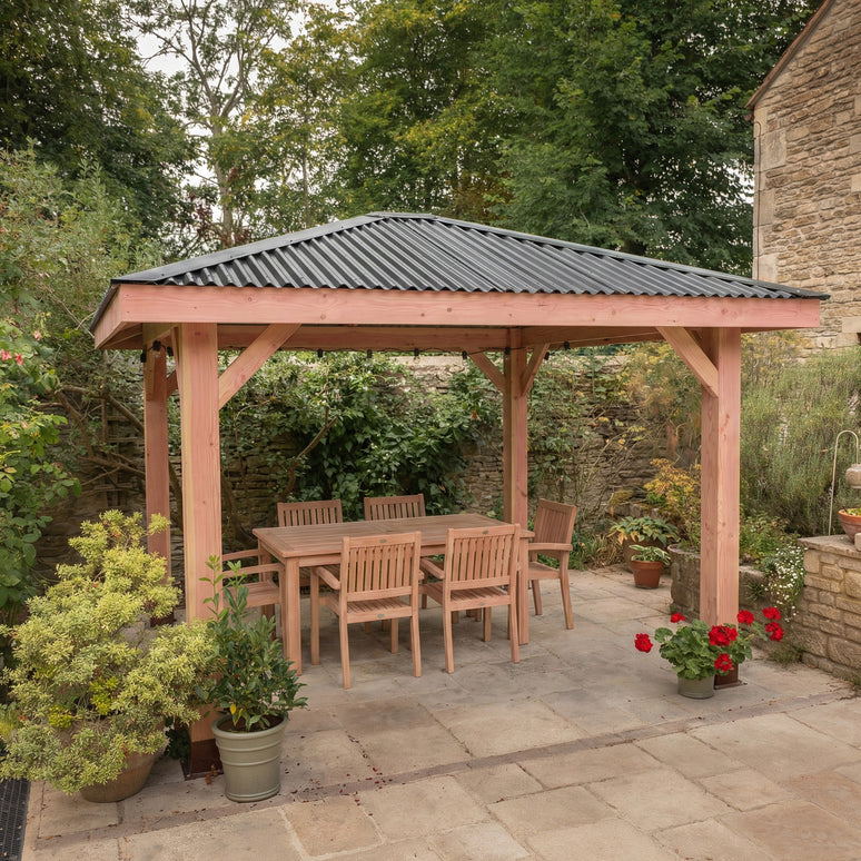 Planed Larch 4 Pitch Pergola with Metal Corrugated Roof β Heavy-Duty Garden Shelter