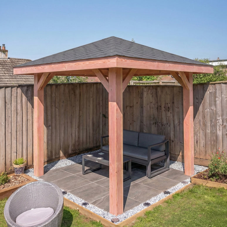 Planed Larch 4-Pitch Gazebo with Katepal Grey Shingle Roof