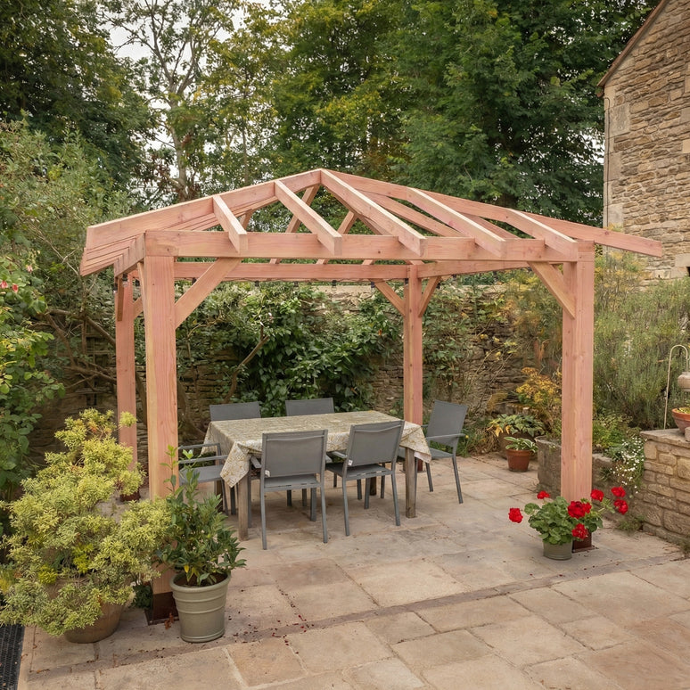 Planed Larch 4 Pitch Pergola with Open Roof β Contemporary Garden Structure
