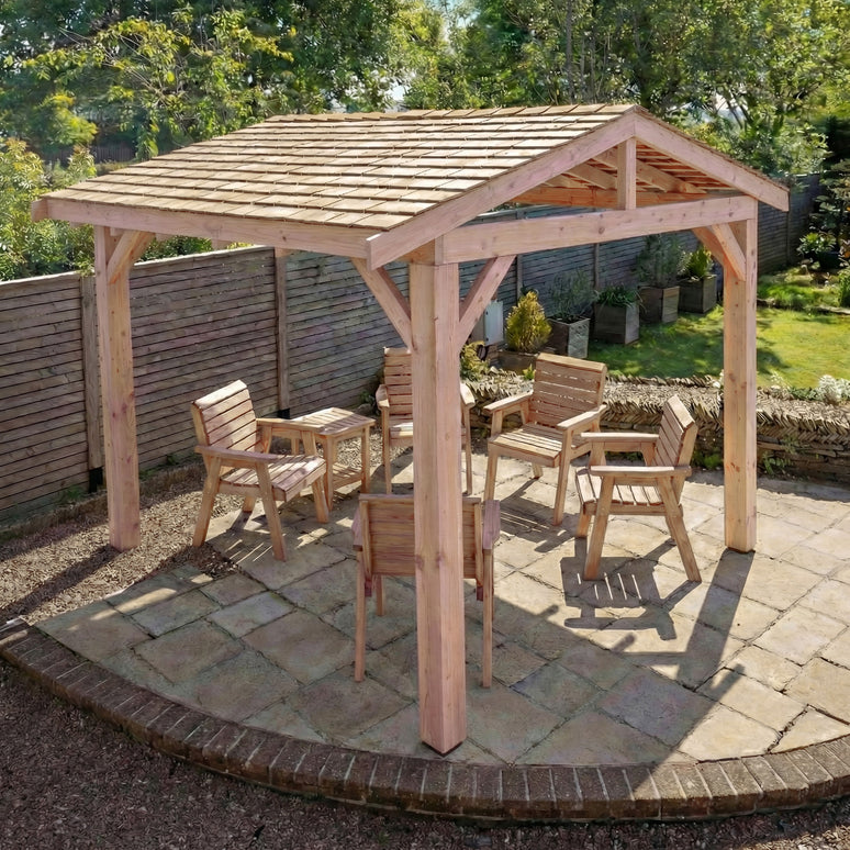 Planed Larch Apex Gazebo with Cedar Shingles – No Overhang Design