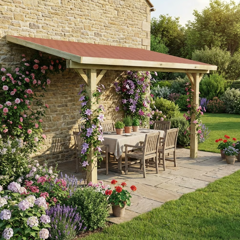 Wooden Lean-To Gazebo with Red Katepal Shingle Roof - Premium Wall-Mounted Garden Gazebo