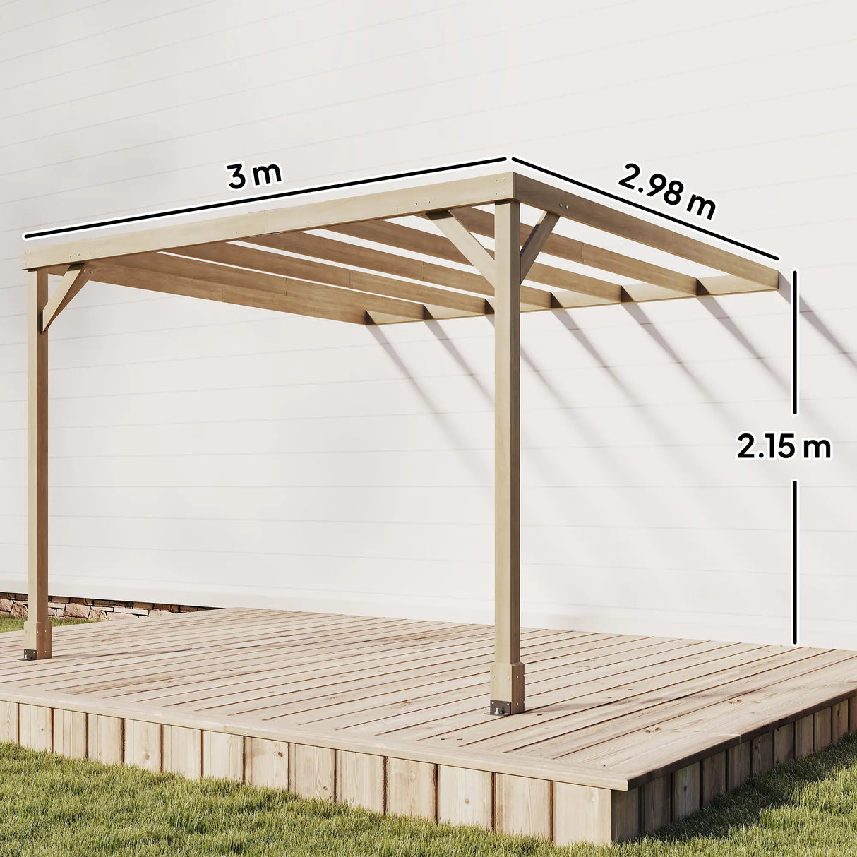 3x3m Lean-To Wooden Pergola Kit – Light Brown Decorative Garden Gazebo with Concrete Anchors & Stable Support Frame