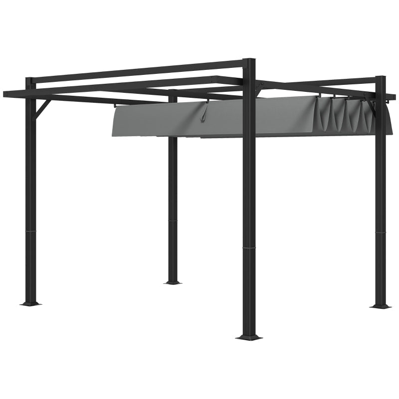 3m x 3m Retractable Roof Aluminium Pergola – Dark Grey Patio Gazebo Shelter with Drainage Grommets, Ground Fixings & Outdoor Shade Canopy