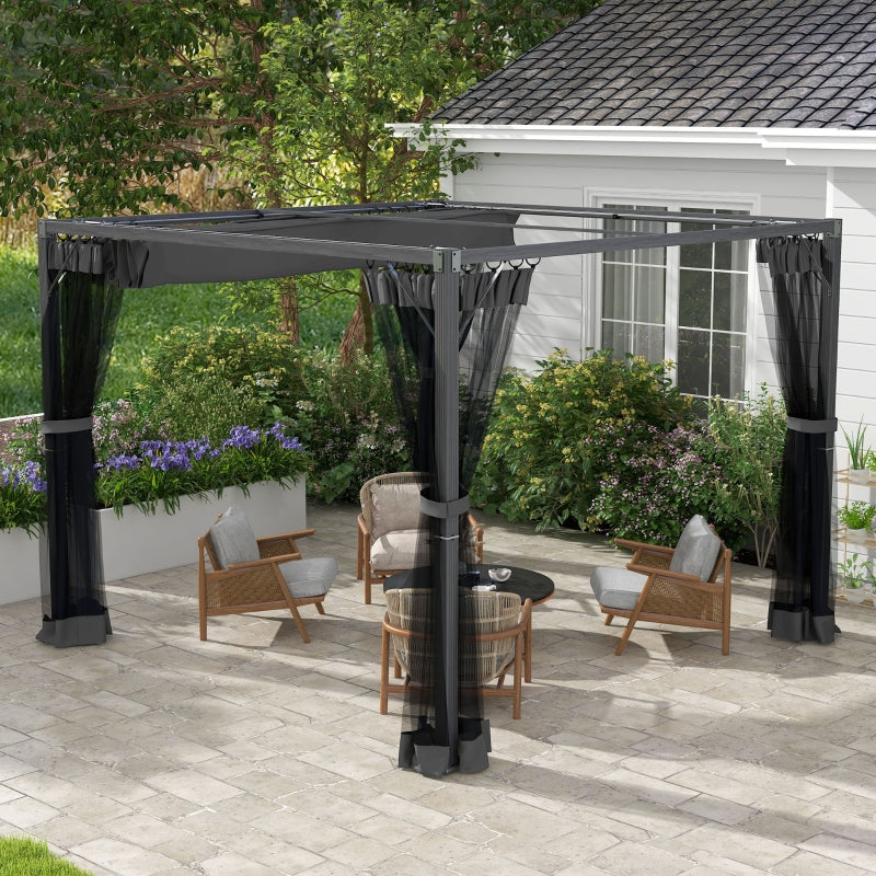 3m x 3m Aluminium Pergola – Dark Grey Retractable Canopy Roof with Mesh Curtains, Outdoor Patio Garden Shelter + Ground Fixings