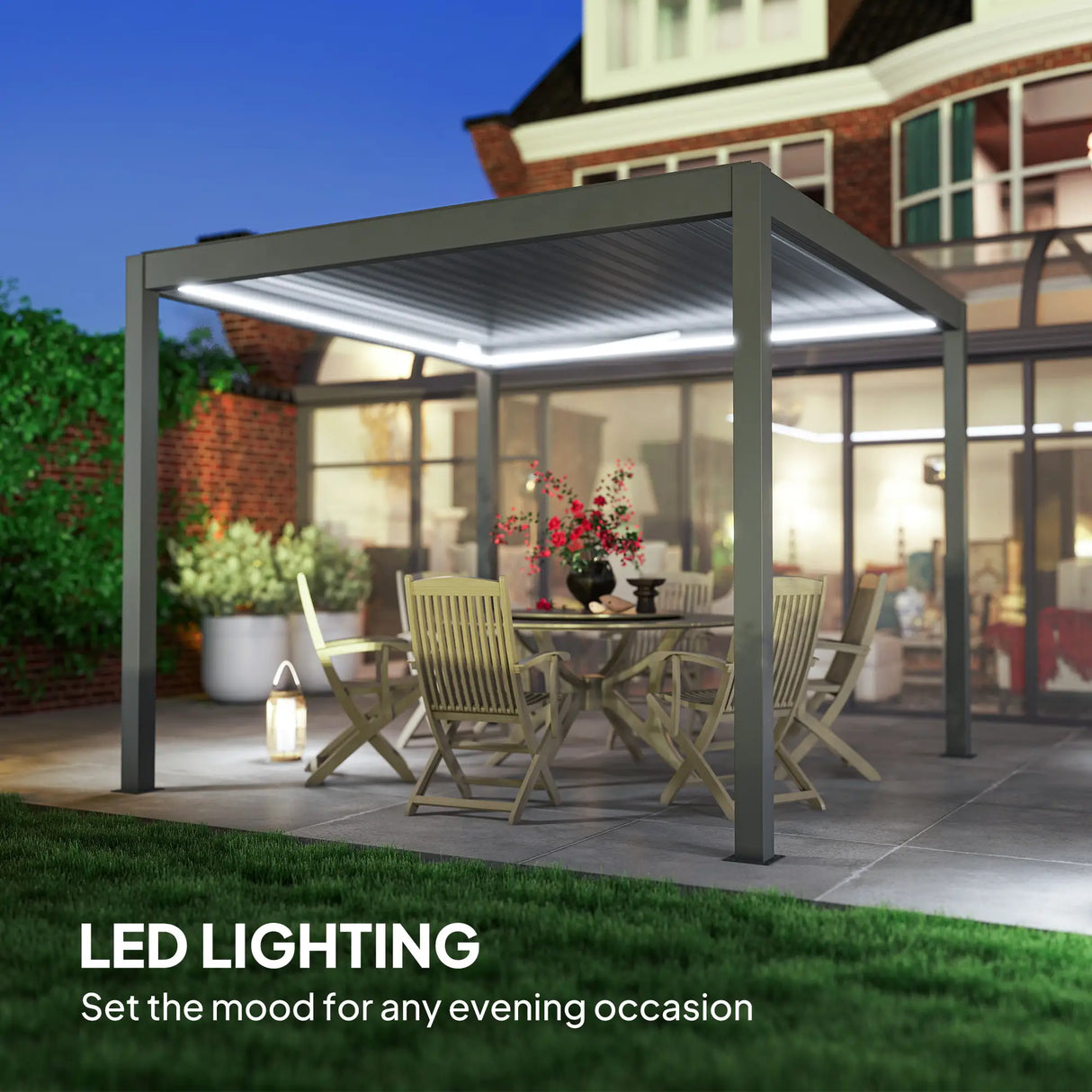 3m x 3m Electric Louvered Aluminium Pergola – Remote Control Roof, Built-In LED Lights, Integrated Drainage, UV & Water Resistant Hardtop Gazebo
