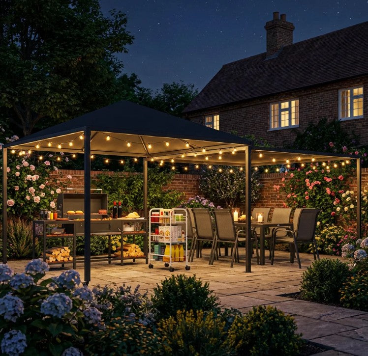 3m x 3m Extendable Metal Hardtop Gazebo with Wheels – Mobile Outdoor Patio Shelter, UV Resistant Roof UPF30+