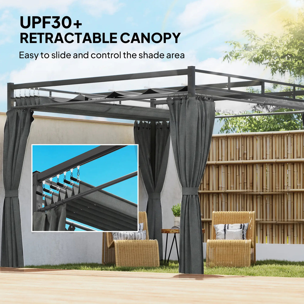 3m x 3m Pergola with Retractable Roof Canopy – UPF30+ Garden Gazebo with Curtains, Heavy-Duty Metal Frame Outdoor Sun Shade in Dark Grey