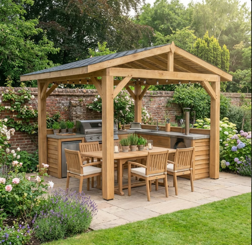 Oak Wooden Gazebo - Katepal Grey Shingle Roof - Apex Design - No Overhang