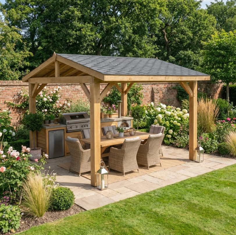 Oak Wooden Gazebo - Katepal Grey Shingle Roof - Apex Design - No Overhang