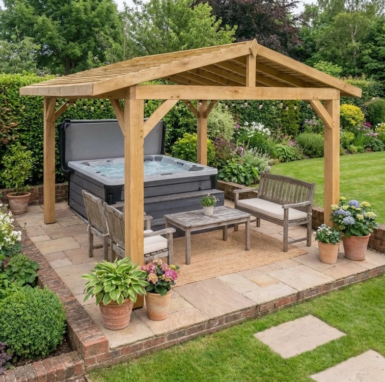 Oak Wooden Gazebo - Cedar Featheredge Roof - Apex Design - No Overhang