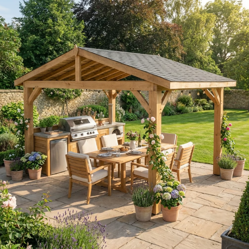 Oak Wooden Gazebo - Katepal Grey Shingle Roof - Apex Design - No Overhang