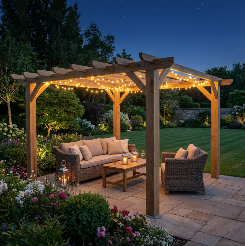 Oak Flat Roof Pergola with Open Roof Design