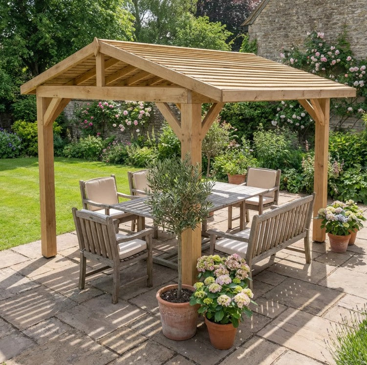 Oak Wooden Gazebo - Cedar Featheredge Roof - Apex Design - No Overhang