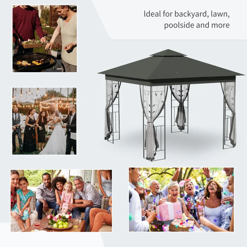 3x3m Steel Frame Double Roof Garden Gazebo - Durable Outdoor Canopy in Grey