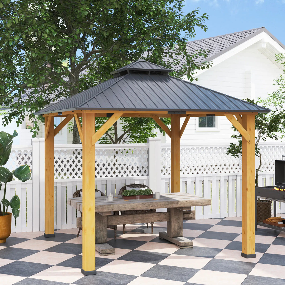 Grey 3m x 3m Hardtop Gazebo Canopy with 2-Tier Roof and Solid Wood Frame