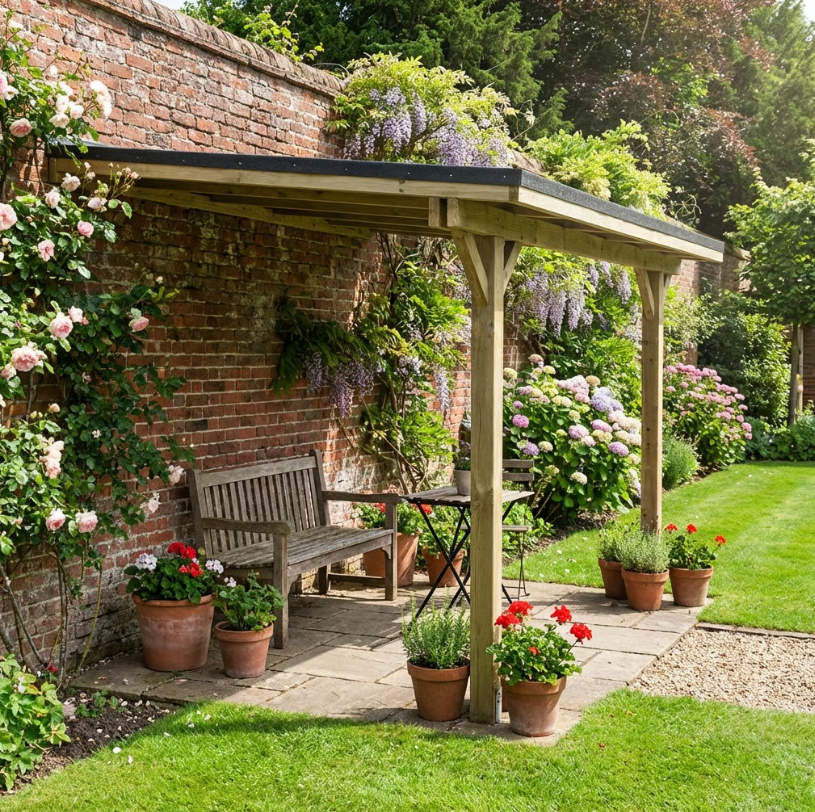 Wooden Lean-To Gazebo with Katepal Black Shingle Roof - Modern Weatherproof Garden Shelter