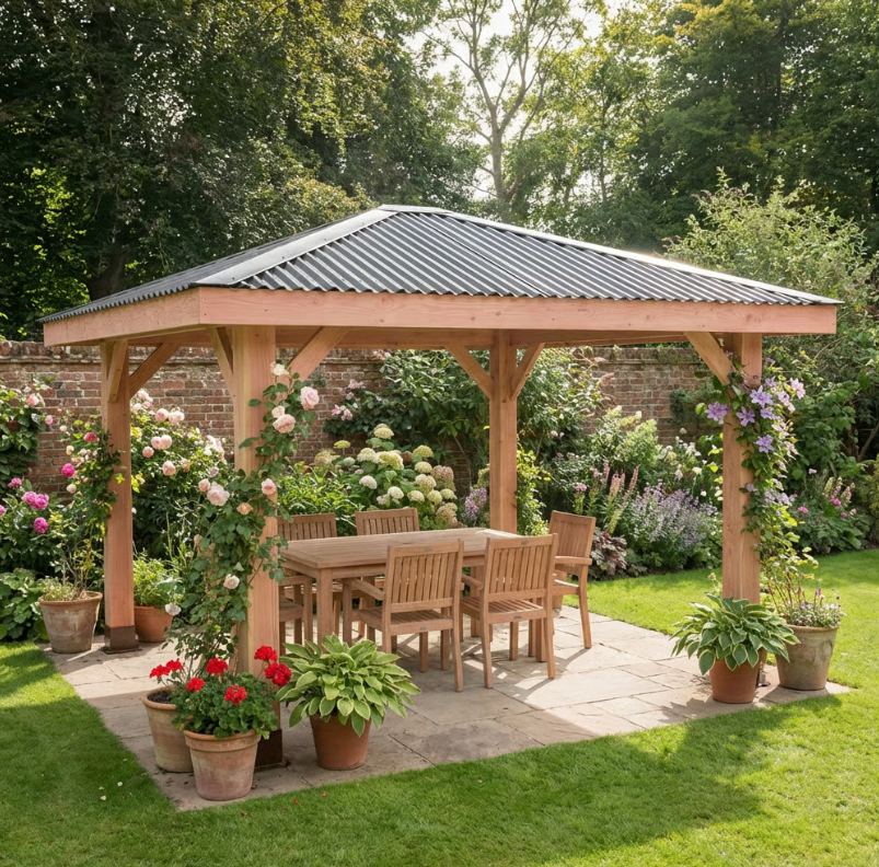 Planed Larch Pergola with Metal Corrugated Roof – 4-Pitch Garden Pergola