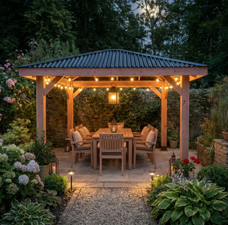 Planed Larch Pergola with Metal Corrugated Roof – 4-Pitch Garden Pergola