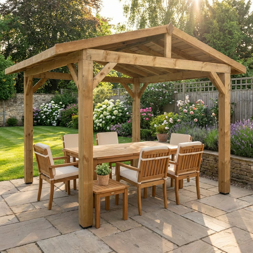 Wooden Apex Gazebo with Cedar Featheredge Roof – No Overhang Design