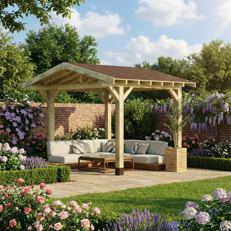 Wooden Apex Gazebo with Katepal Brown Shingle Roof & Overhang - Premium Weatherproof Garden Gazebo