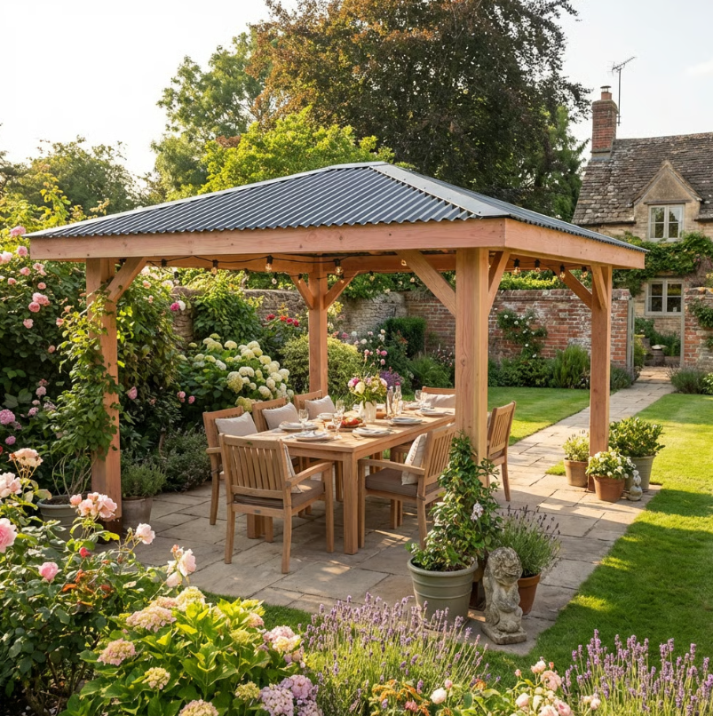 Planed Larch 4 Pitch Pergola with Metal Corrugated Roof β Heavy-Duty Garden Shelter