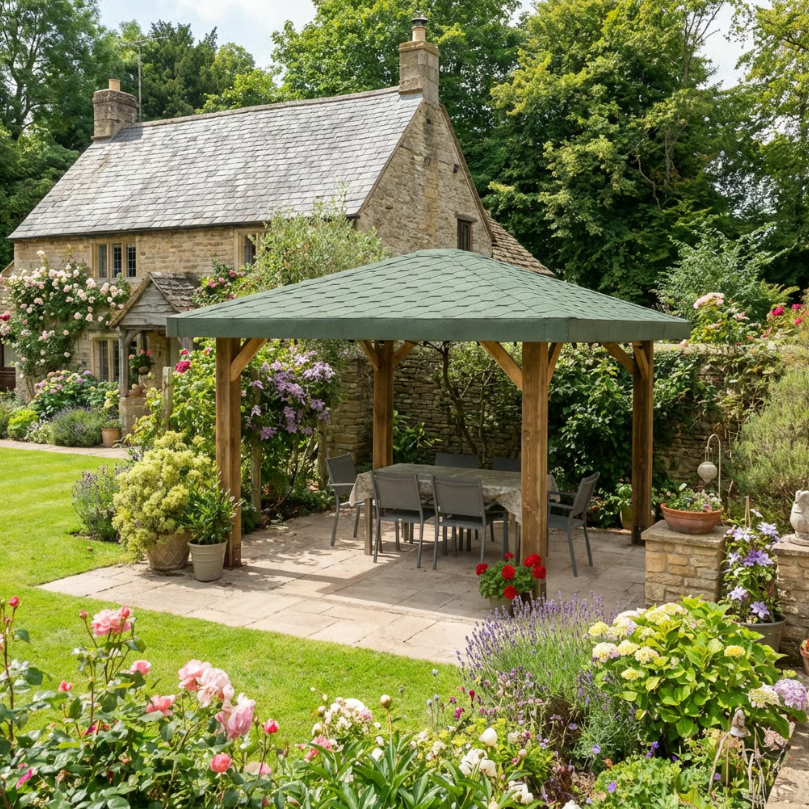 Wooden 4 Pitch Gazebo with Katepal Green Shingle Roof - Premium Weatherproof Garden Gazebo