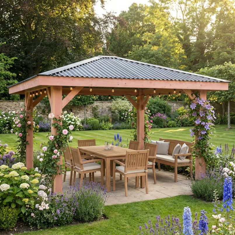 Planed Larch 4 Pitch Pergola with Metal Corrugated Roof β Heavy-Duty Garden Shelter