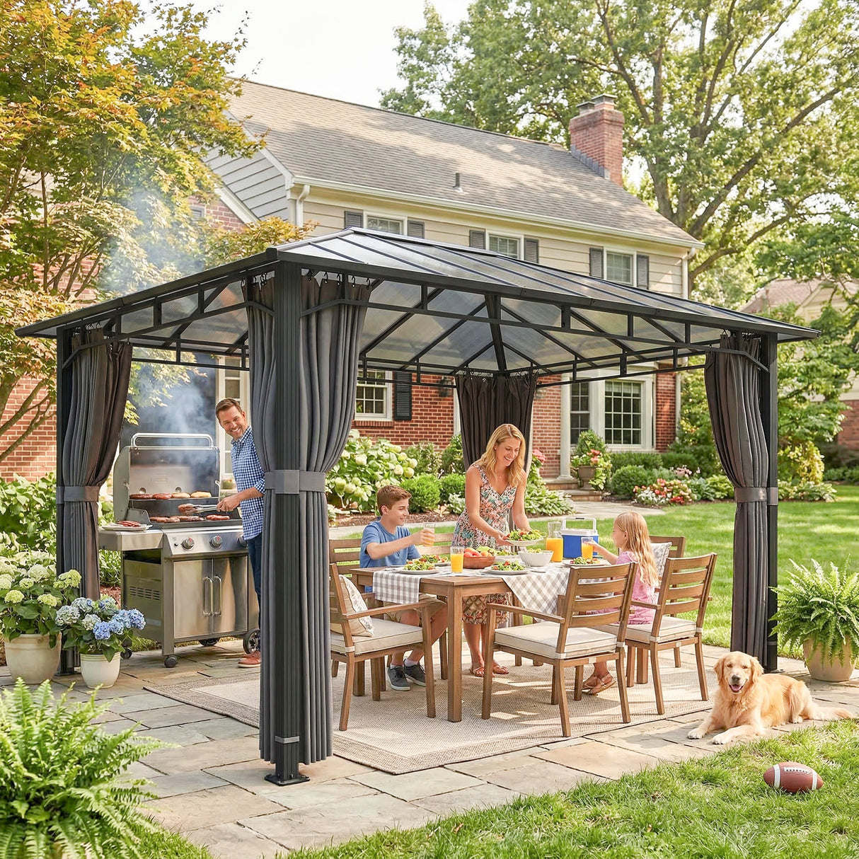 3m x 4m Hardtop Gazebo with 6 mm Polycarbonate Roof, Aluminium Permanent Garden Pavilion with Curtains, Dark Grey Outdoor Patio Canopy for Sun, Rain & Privacy
