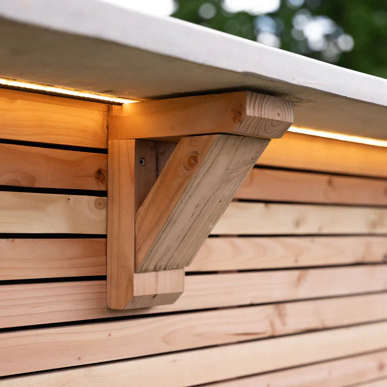 Planed Larch Apex Pergola with Cedar Featheredge Roof – With Overhang Design