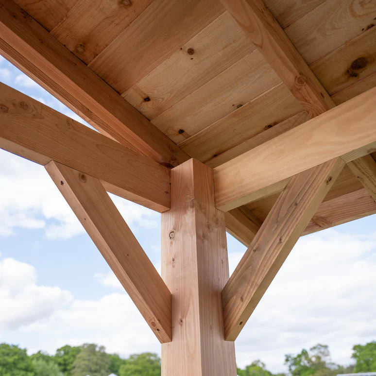 Planed Larch Apex Pergola with Cedar Featheredge Roof – With Overhang Design
