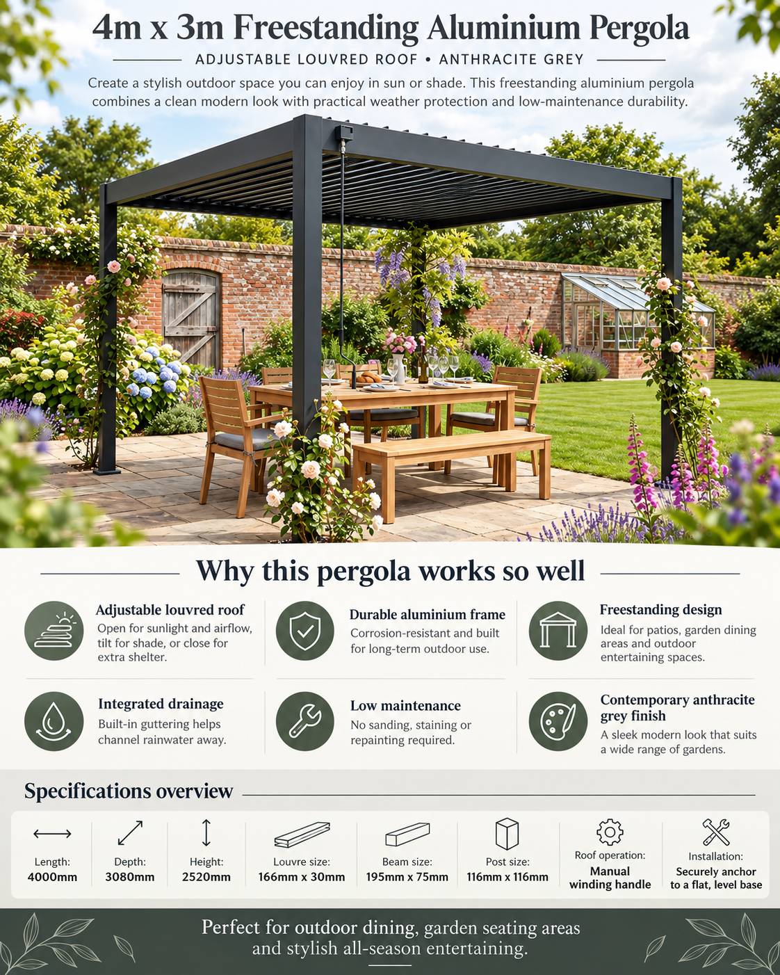 4m x 3m Freestanding Aluminium Garden Pergola with Louvred Roof – Anthracite Grey