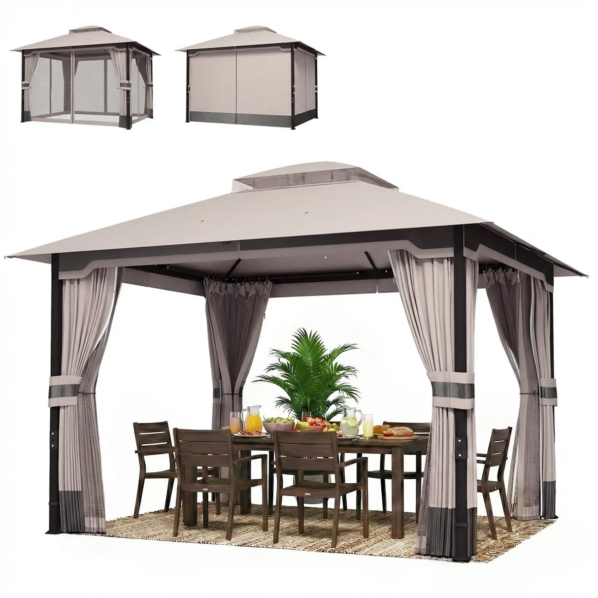 3 x 3.6m Ventilated Double Roof Garden Gazebo with Curtains & Mesh Netting, Heavy Duty Metal Frame Outdoor Patio Pavilion, Khaki