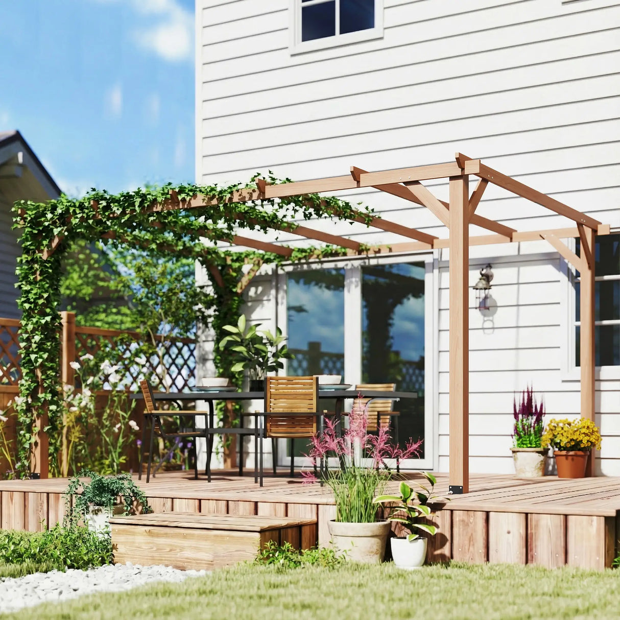 4x3m Wooden Pergola Kit with Triangle Supports – Garden Gazebo Grape Trellis Frame, 6-Beam Maple Wood-Effect Design