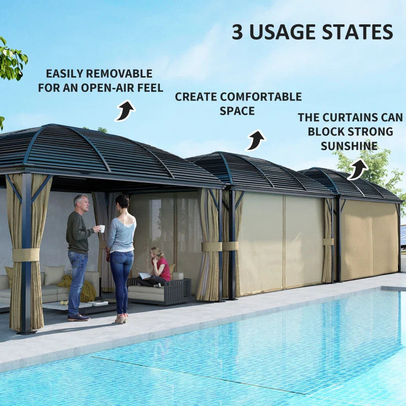 3 x 4m Hardtop Gazebo Canopy - Brown Aluminium Pavilion with Metal Roof, Netting & Curtains