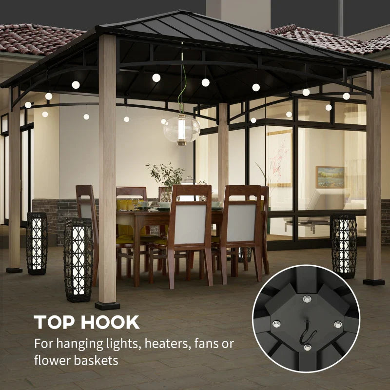 3m x 3m Metal Gazebo – Black Frame with Wood Effect Finish, Outdoor Patio Garden Shelter