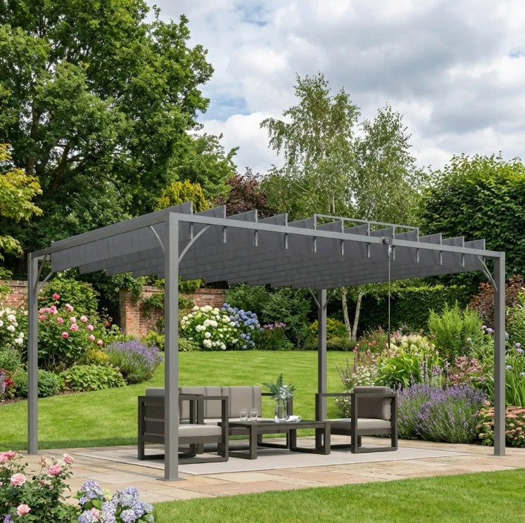 4m x 3m Aluminium Pergola – Grey Retractable Roof Patio Gazebo Canopy, Outdoor Garden Shade Shelter
