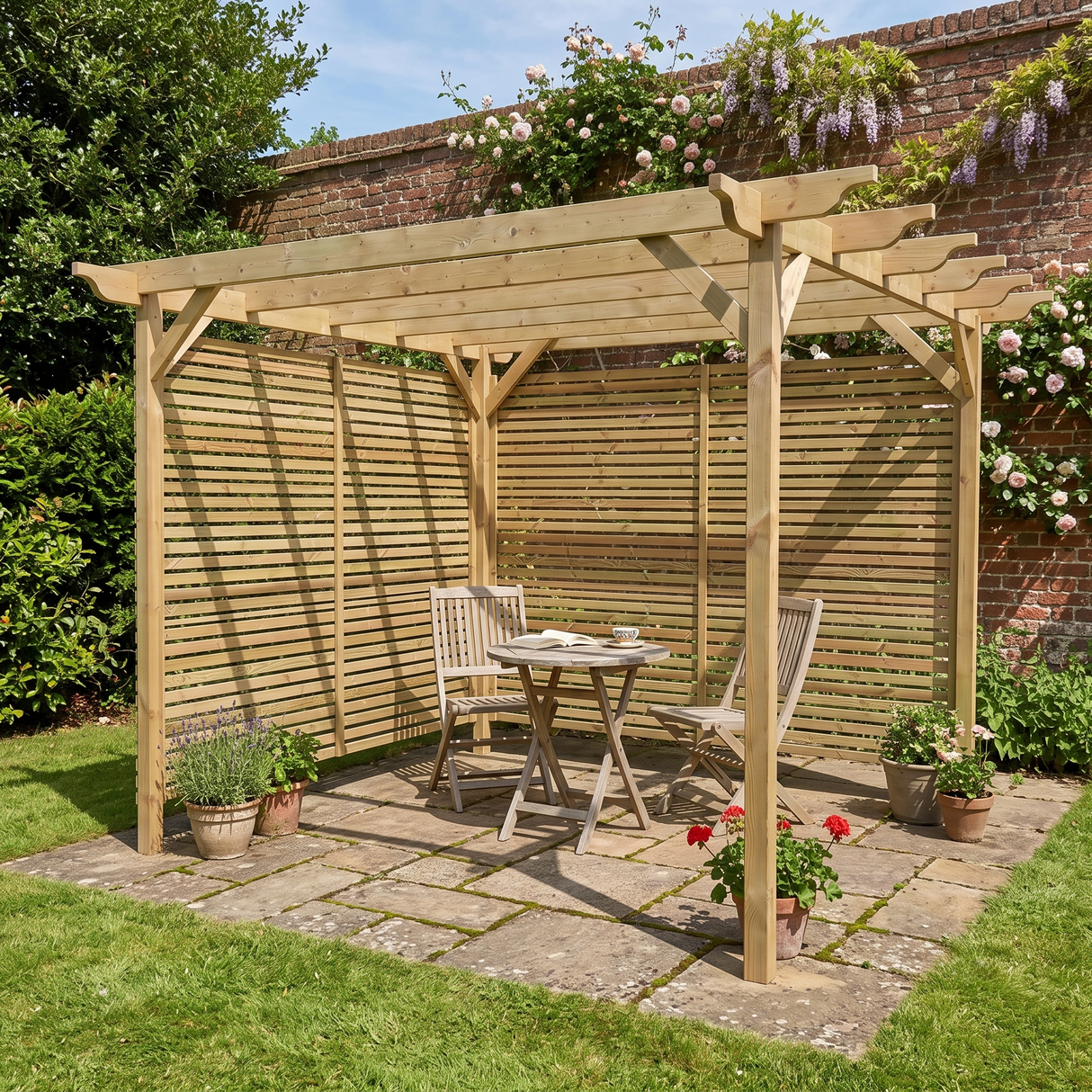 Sculpted Pergola With Shade Trellises