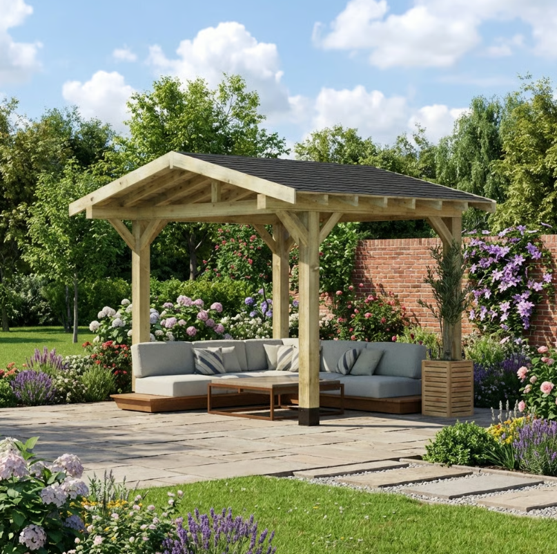 Wooden Apex Gazebo with Katepal Black Shingle Roof & Overhang - Premium Weatherproof Garden Gazebo