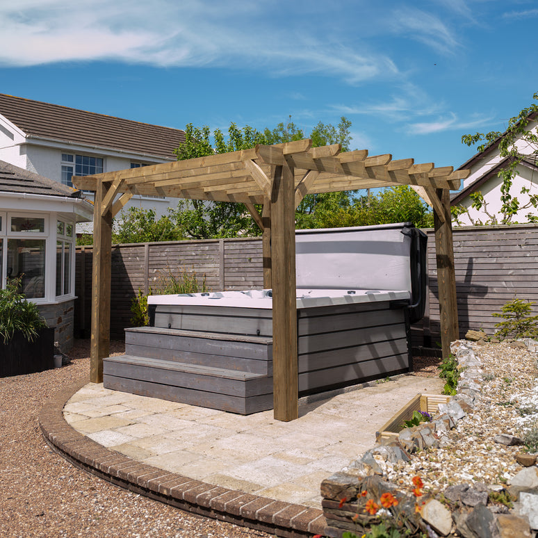 Flat Roof Wooden Pergola with Open Slatted Design - Modern Garden Pergola Structure