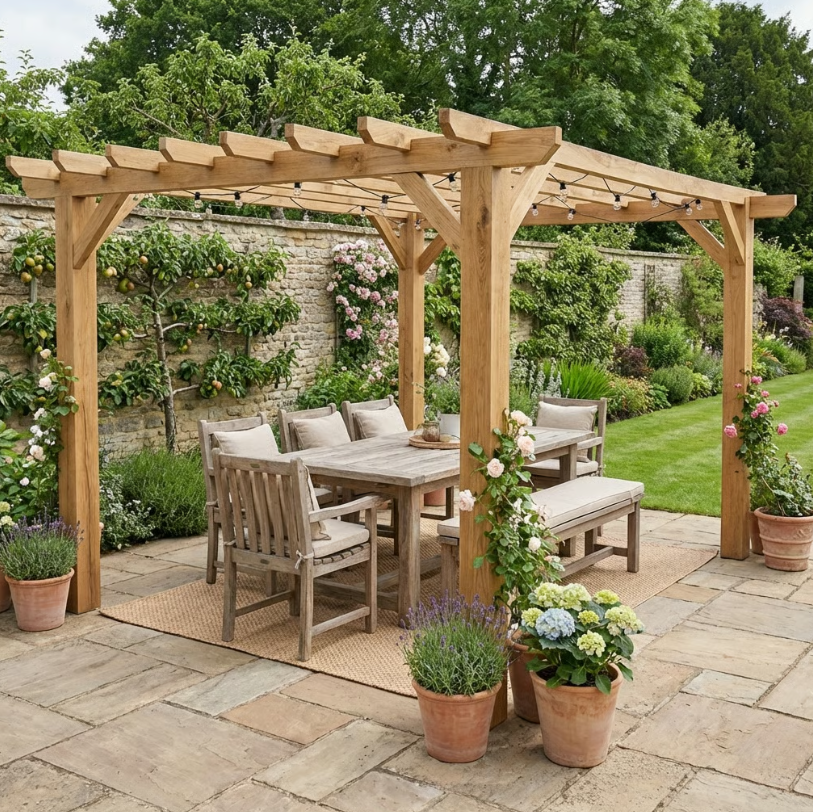Oak Flat Roof Pergola with Open Roof Design
