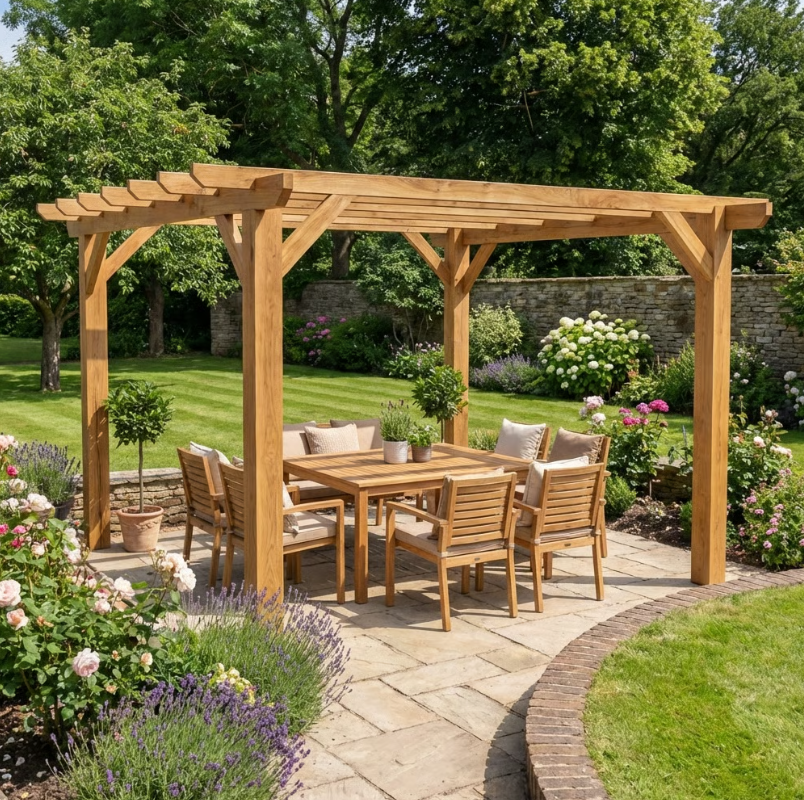 Oak Flat Roof Pergola with Open Roof Design